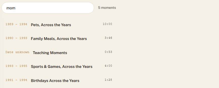 Searching "mom" across a real KeepFrame archive, returning 5 real moments with dates and durations